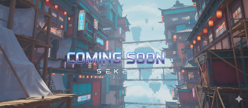 Sekei 'Coming Soon' development banner showing a futuristic city with traditional Asian buildings and floating islands in a vibrant sky.
