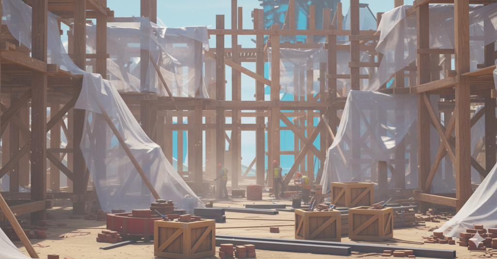 A video game map section showing a construction site with wooden scaffolding, white tarps, workers, and building materials under a blue sky.
